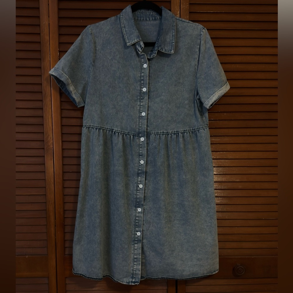 Denim Short Sleeve Button-Up Dress